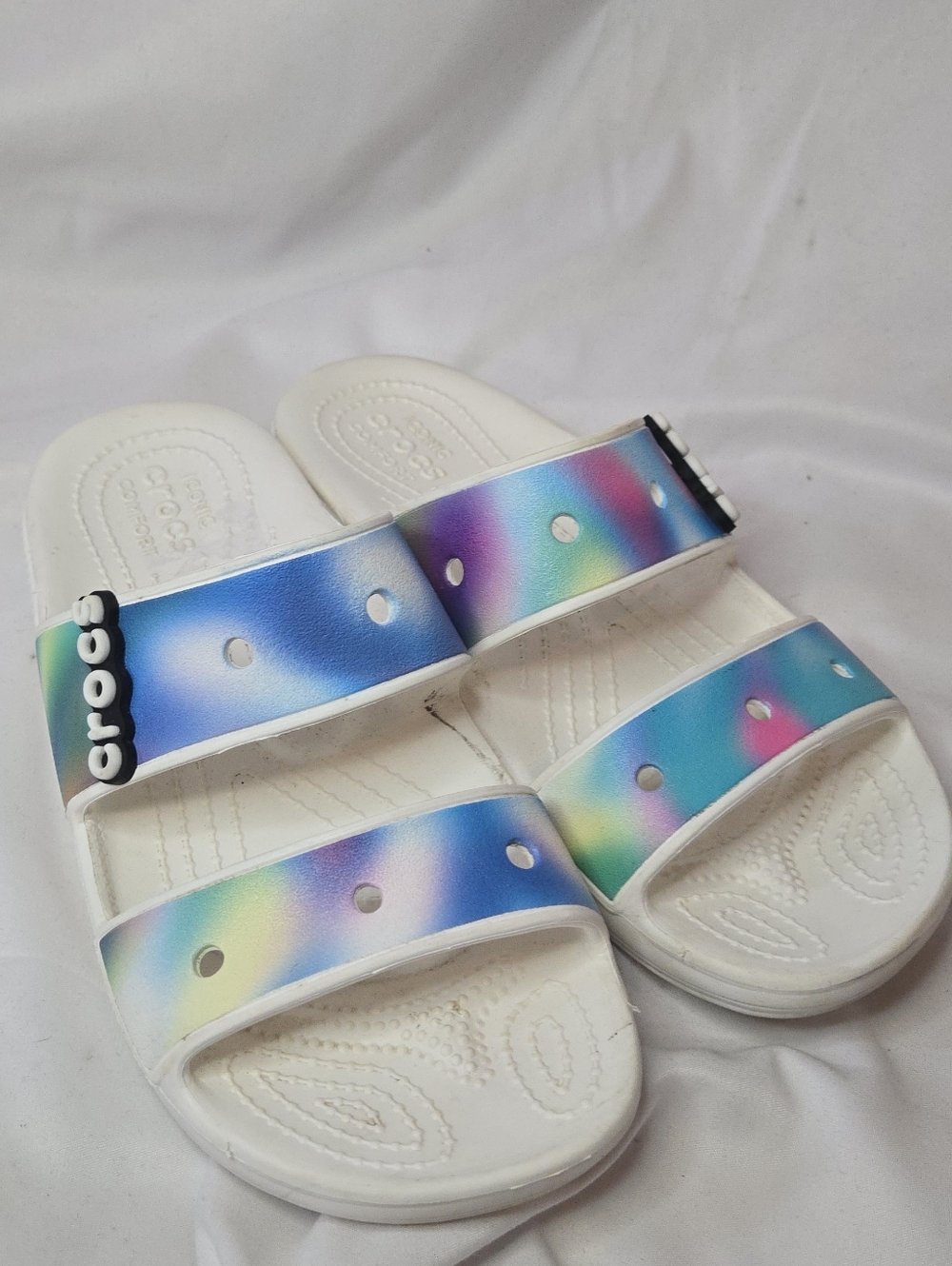 CROCS Classic Solarized Tie Dye Two Strap Rainbow Multicolor White Slides W7